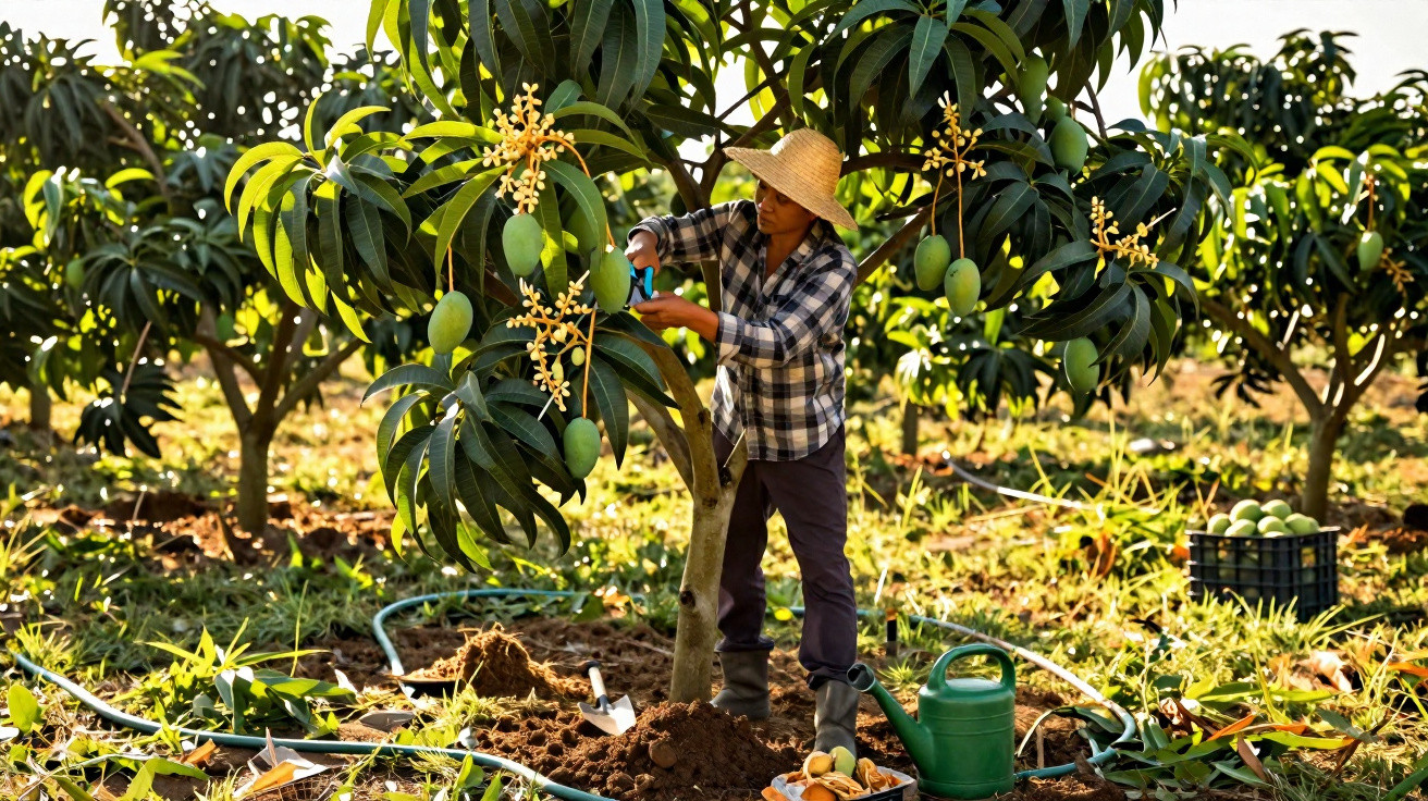 Person wearing a straw hat harvesting green mangoes from a tree in a sunlit orchard.