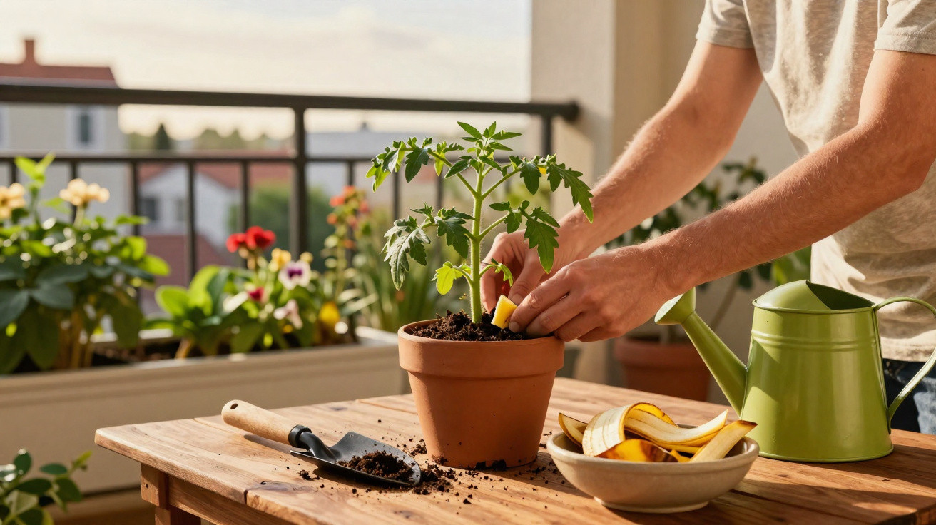 Person adding banana peel to tomato plant in pot on wooden table with watering can and trowel on balcony.
