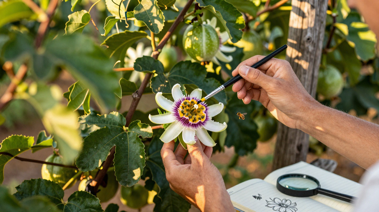 Hands using a brush to pollinate a passionflower with leaves, fruit, notebook, and magnifying glass nearby.
