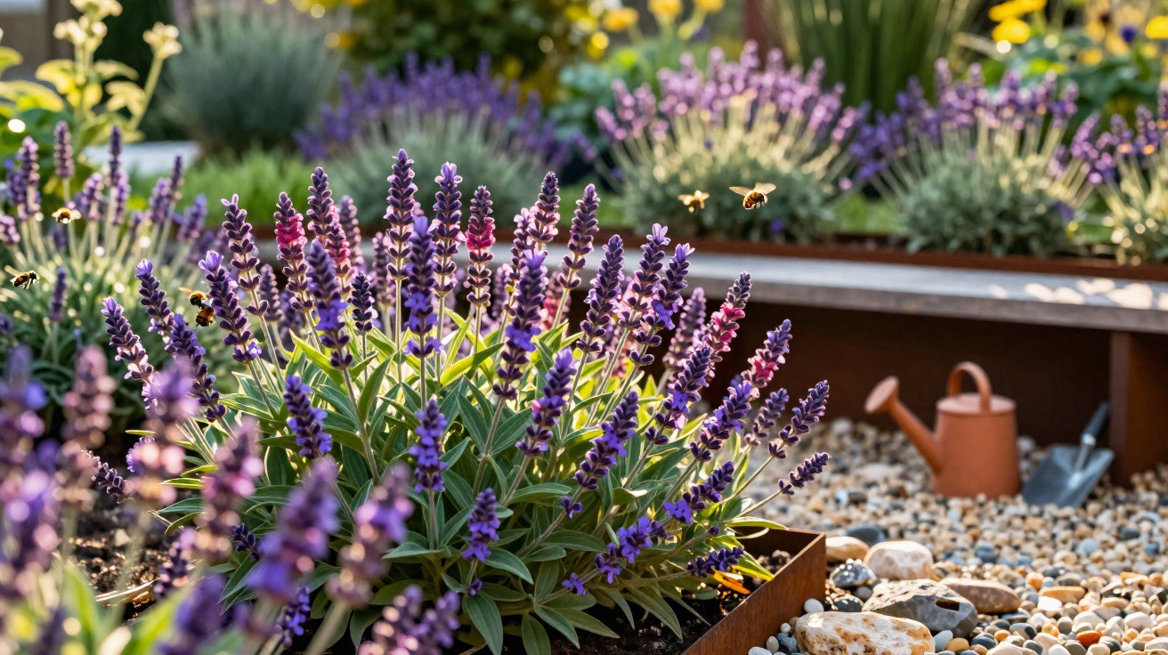 Purple lavender flowers in a garden bed with bees flying around and a watering can on pebble ground.