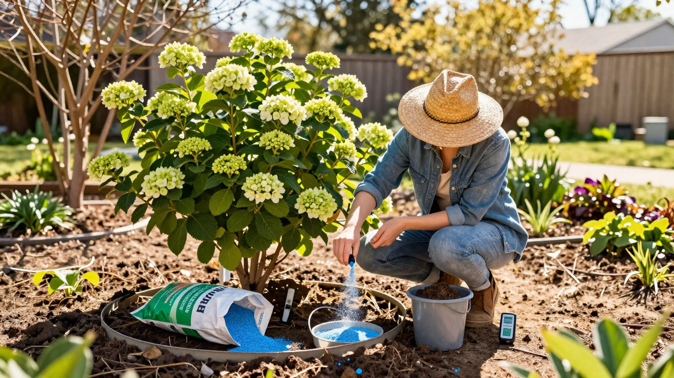 Person in a straw hat spreading blue fertiliser near a flowering hydrangea bush in a sunny garden.
