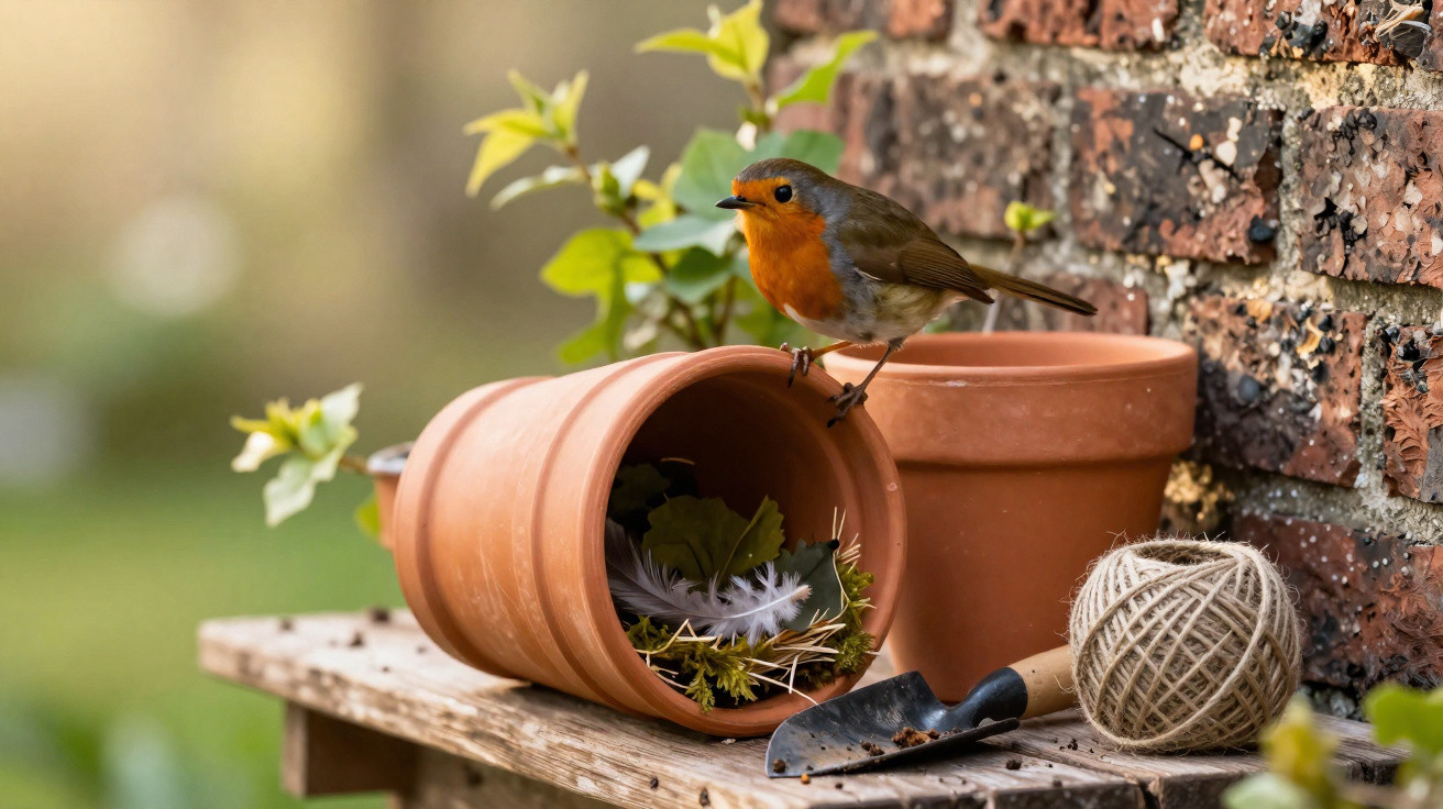 European robin perched on a terracotta pot on a wooden garden table beside gardening tools and plants.