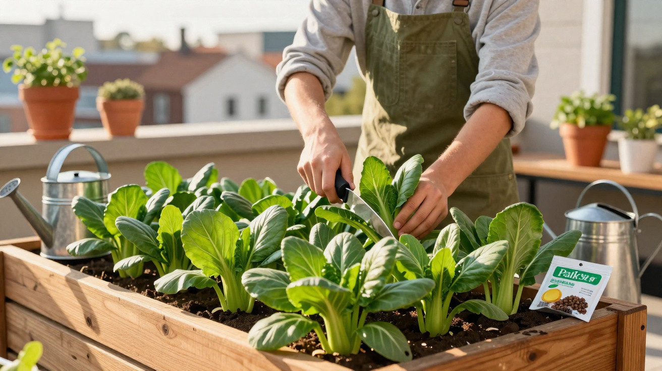 Person harvesting leafy green vegetables from a raised wooden garden bed on a rooftop.