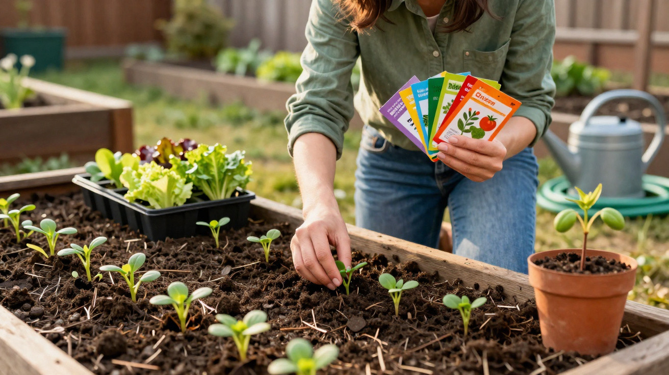 Person planting seedlings in a raised garden bed holding colourful seed packets outdoors.