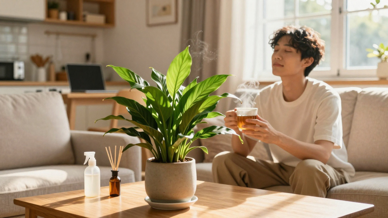 Young man enjoying a hot drink while sitting on a sofa in a bright, cosy living room.