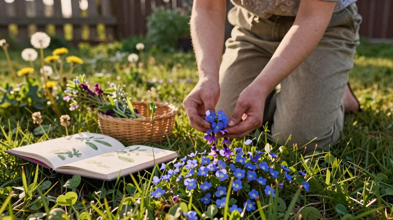 Person kneeling in grass, holding blue flowers with basket and open botanical book nearby in garden.