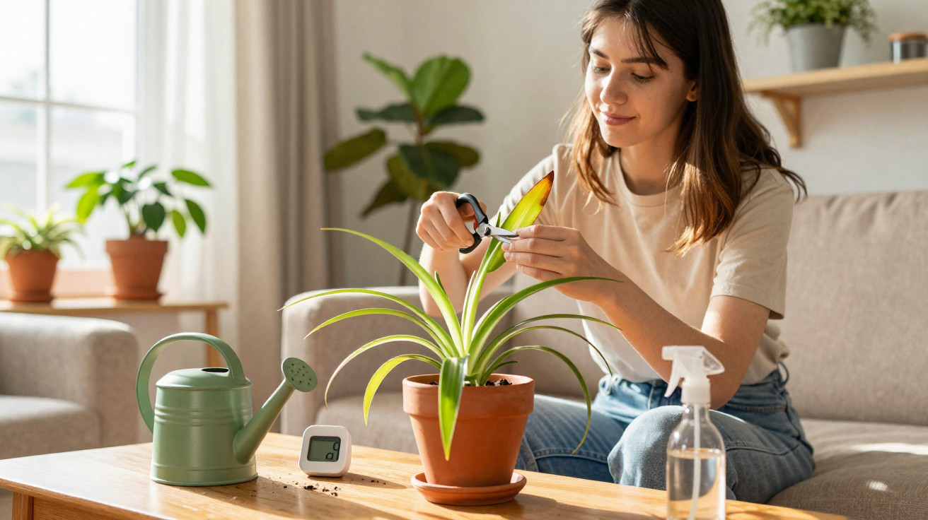 Young woman pruning a potted houseplant on a table with watering can and spray bottle nearby.