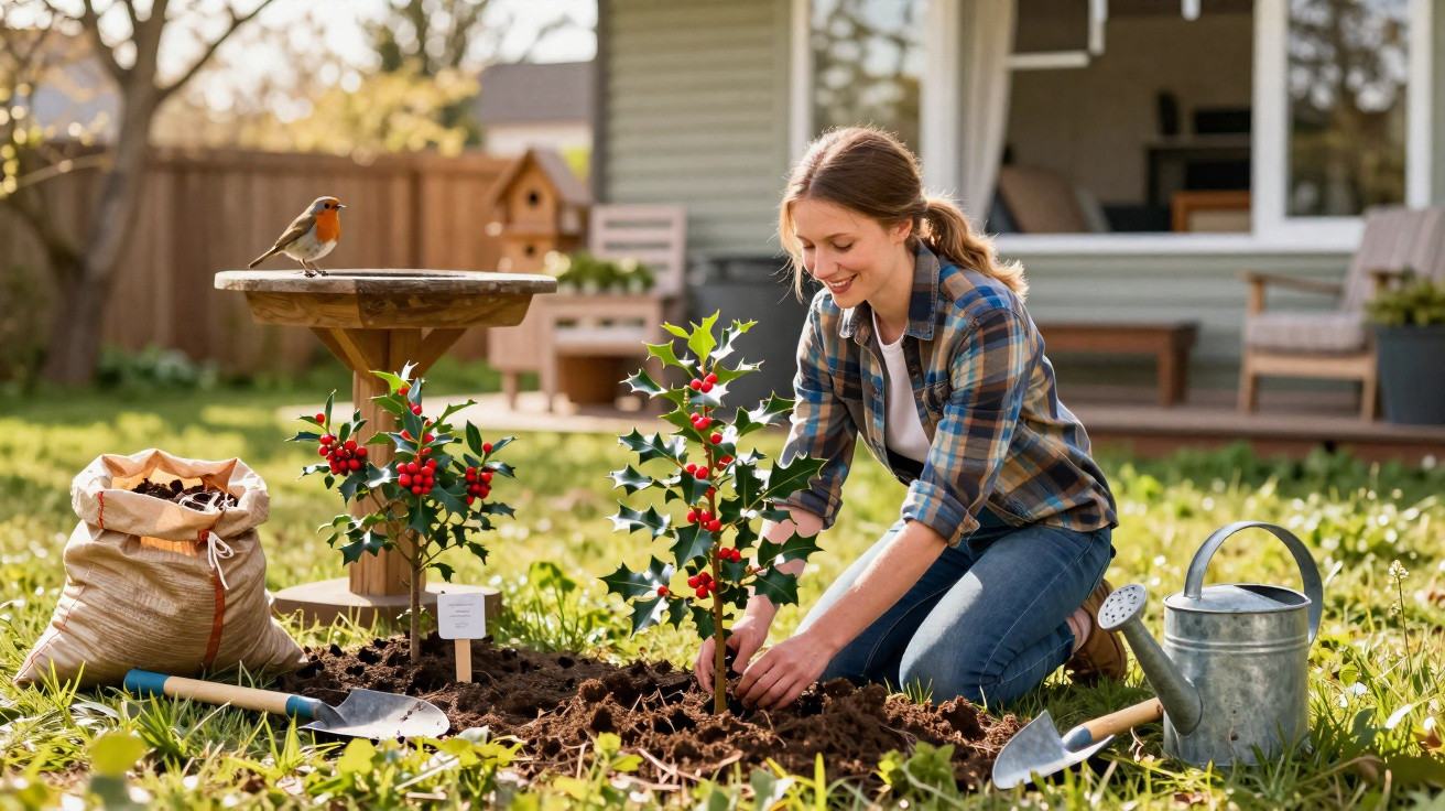 Woman planting a holly bush in a garden with gardening tools, a watering can, and a bird on a table nearby.