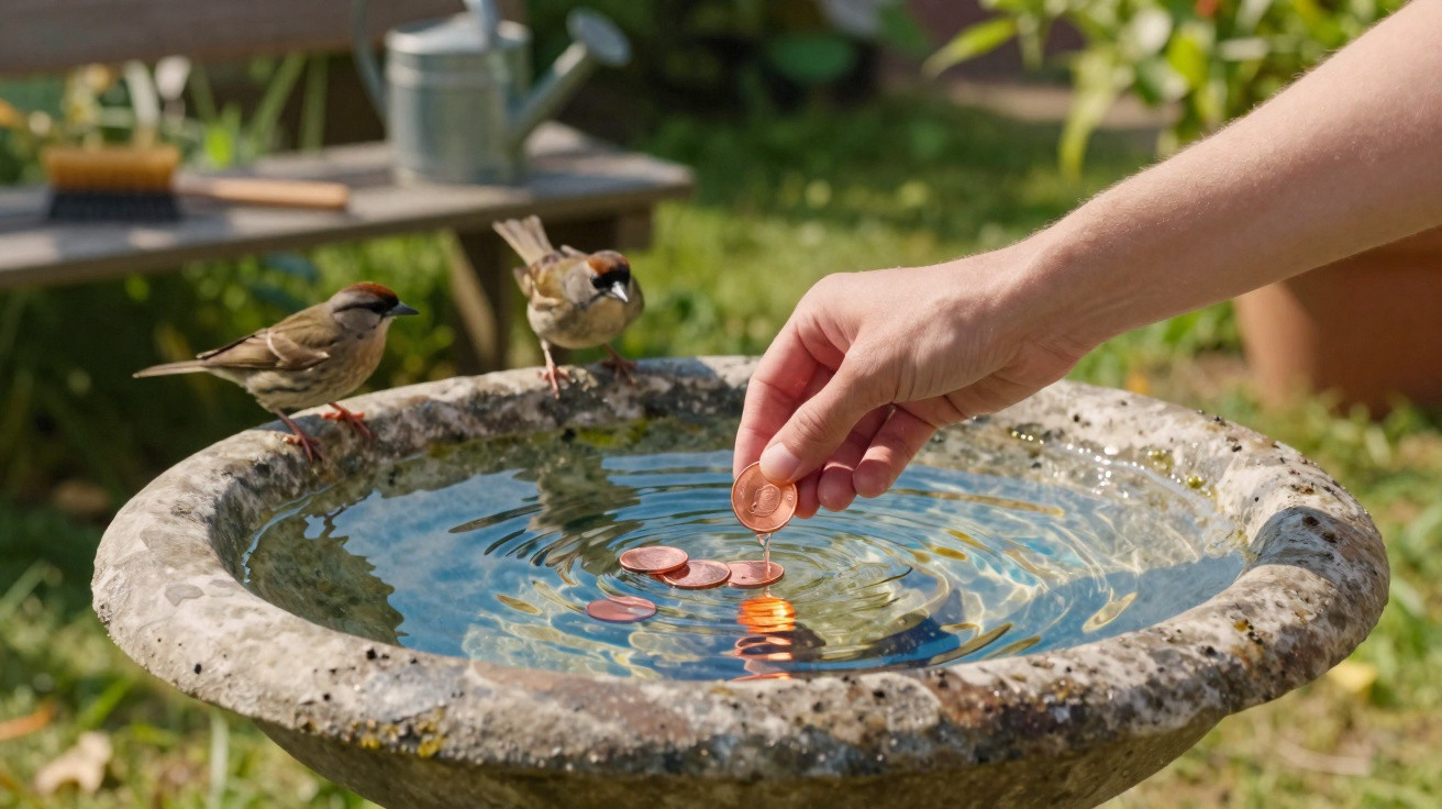 Hand placing coins in a birdbath with two small birds perched on the edge in a sunny garden.