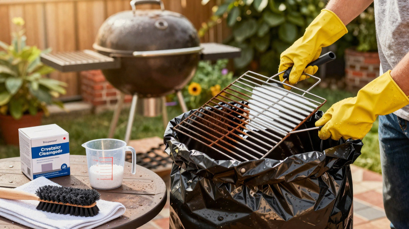 Person wearing yellow gloves cleaning a rusty barbecue grill grate over a black plastic bag outdoors.
