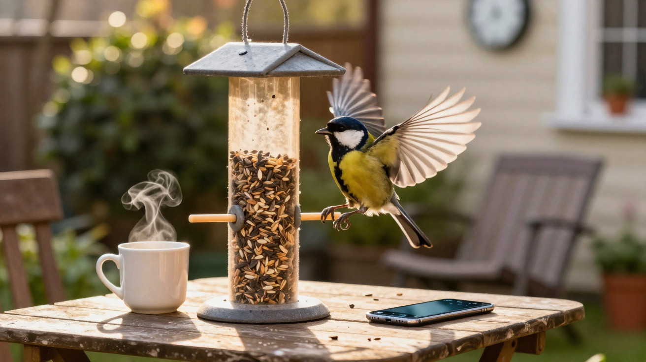 Great tit landing on a bird feeder beside a steaming cup and smartphone on a wooden garden table.