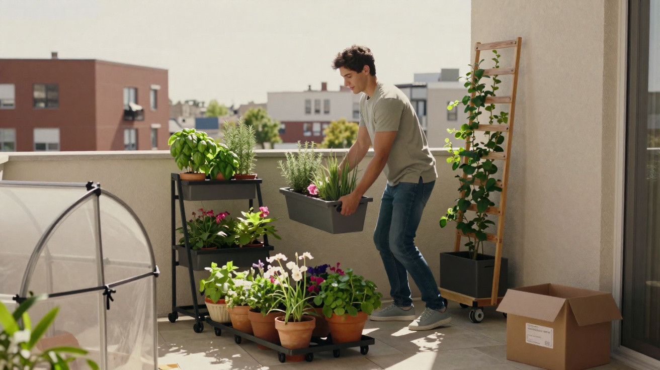 Young man gardening on balcony, arranging potted plants and flowers on a sunny day.