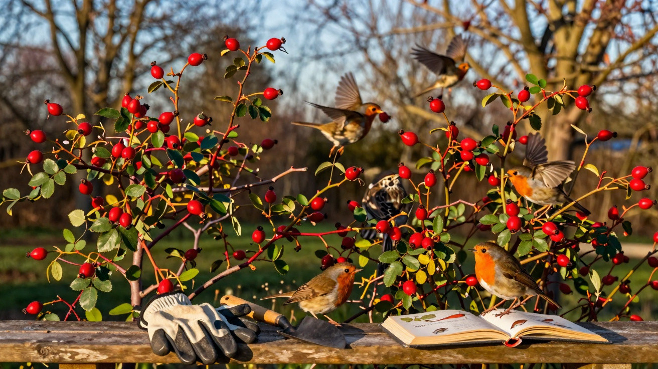 Robins perched on a wooden bench with gardening gloves, tools, an open book, and red berries in the background.