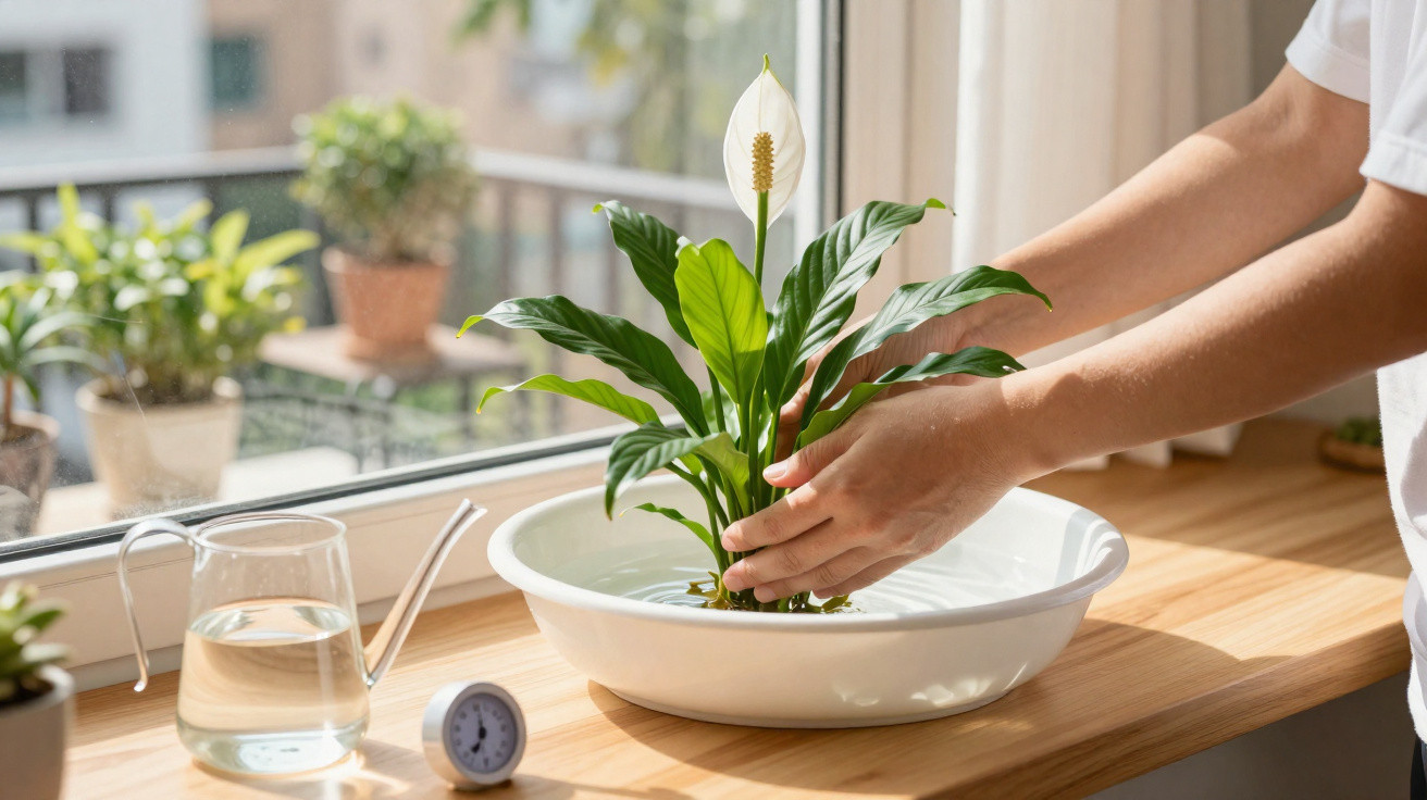 Hands gently repotting a peace lily plant in a white bowl on a wooden windowsill with watering tools nearby.