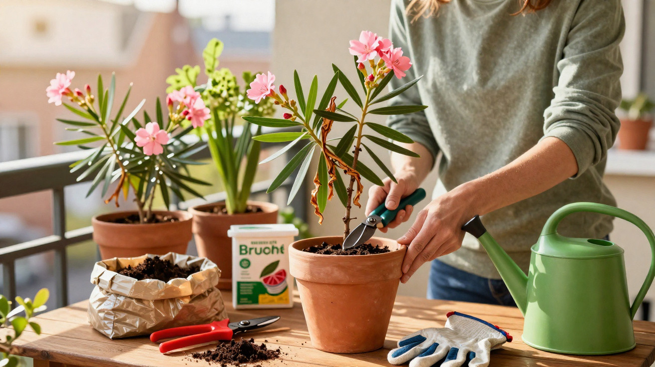 Person repotting a flowering plant on a wooden table with gardening tools and a green watering can nearby.