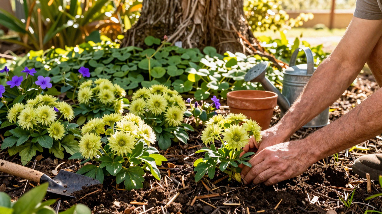 Hands planting yellow flowers in a garden bed near a tree with a watering can and pot nearby.