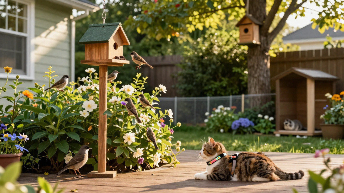 Cat wearing a harness watching small birds around a wooden bird feeder in a sunny garden.