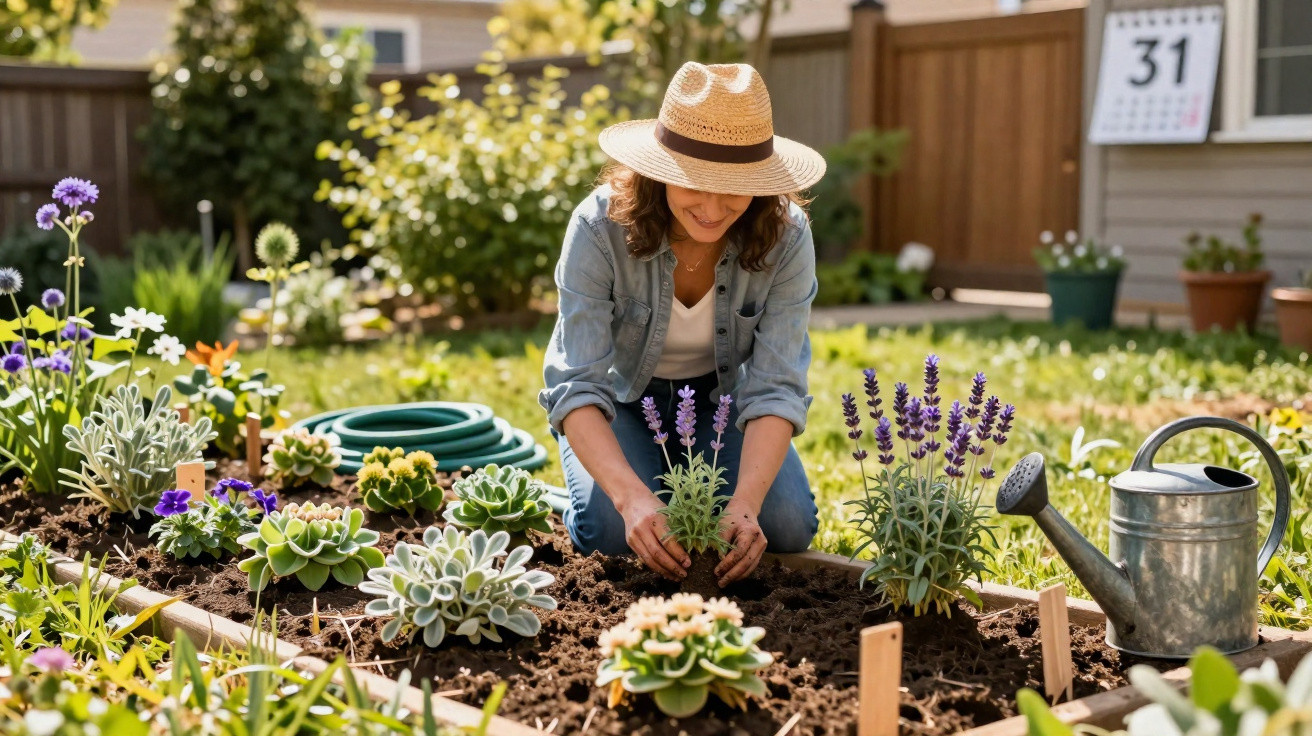 Woman wearing a hat planting lavender in a raised garden bed on a sunny day with gardening tools nearby
