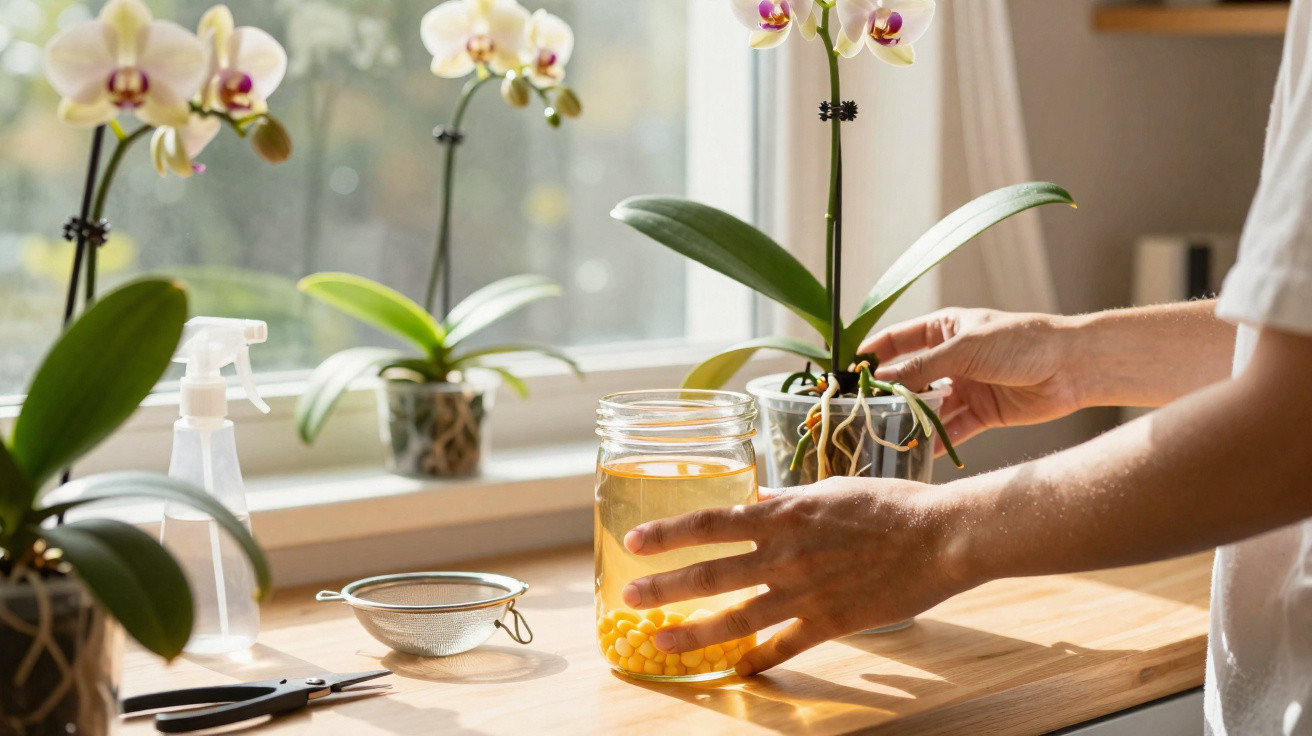 Hands caring for a potted orchid on a windowsill with a jar of water and plant care tools nearby.