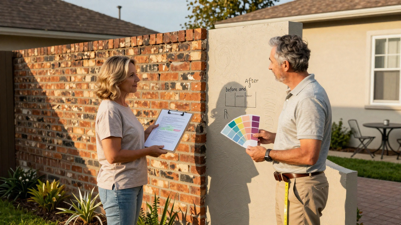 Two people discussing paint colours with a paint chart and clipboard by a garden wall in daylight