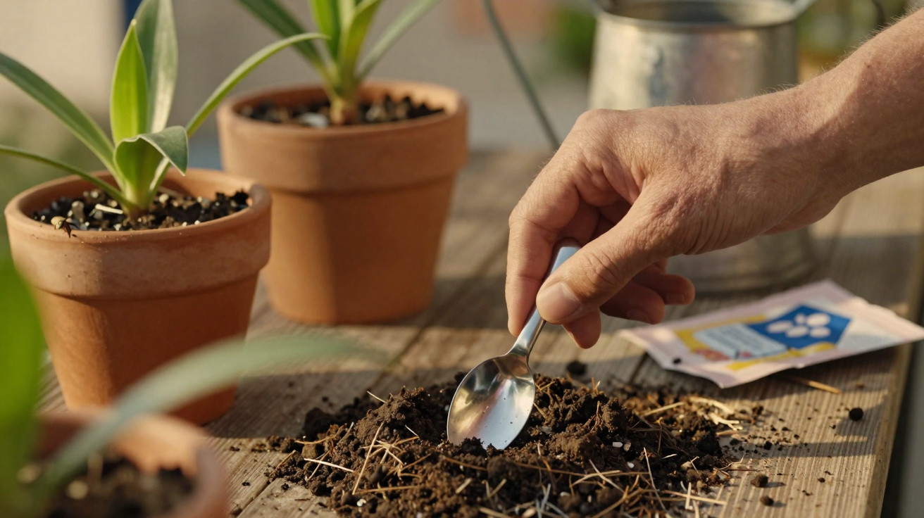 Hand holding a small gardening trowel digging soil on a wooden table with potted plants nearby.