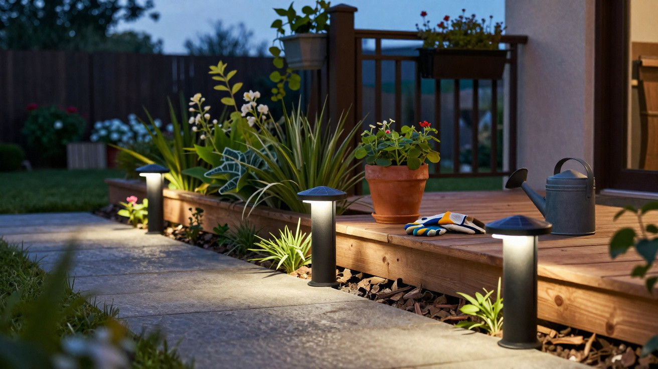Garden pathway lit by solar lights with potted plants, gardening gloves, and a watering can on a wooden deck at dusk.