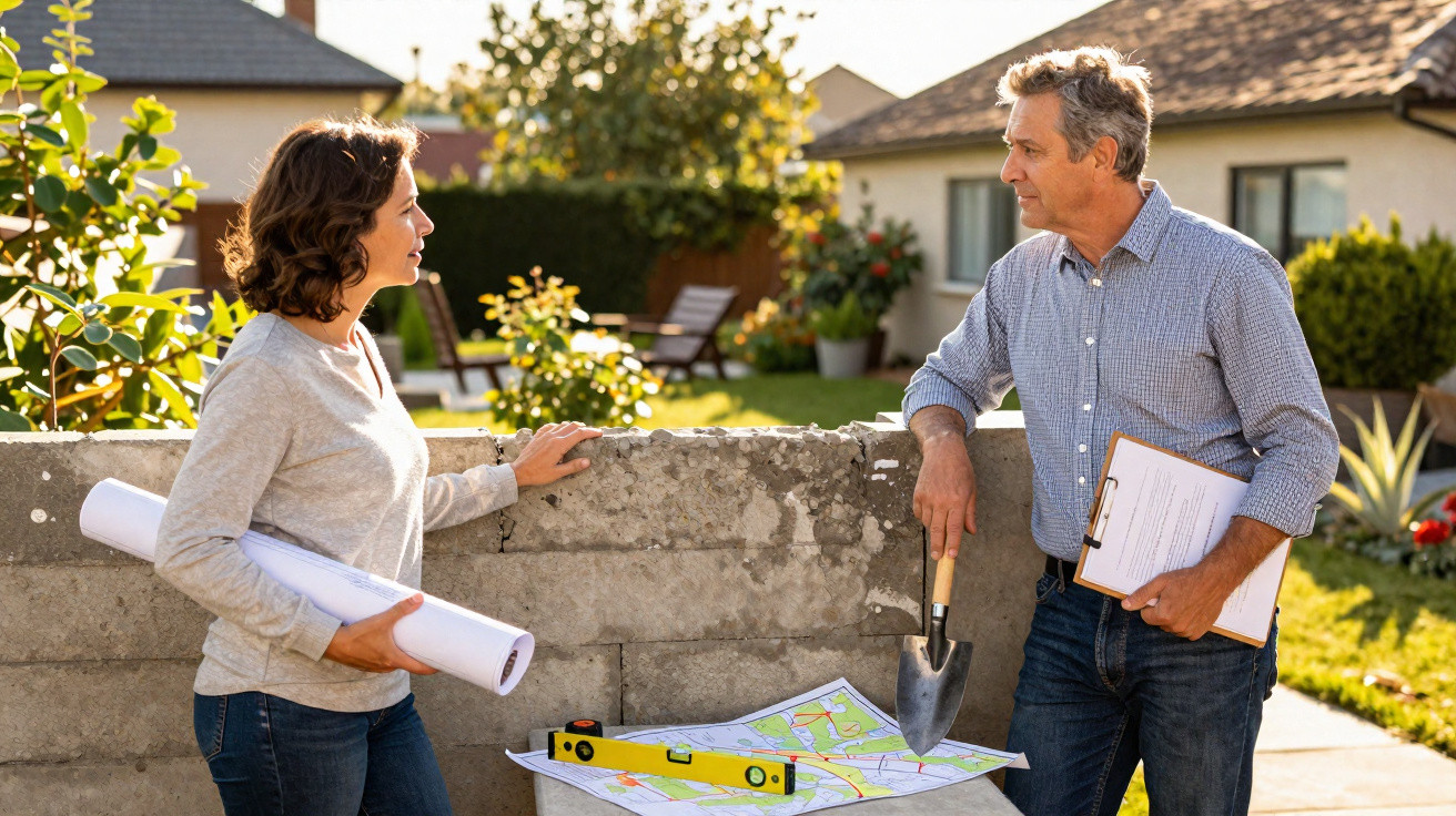 Man and woman discussing garden plans beside a low wall with maps, a trowel, and a spirit level outside houses.