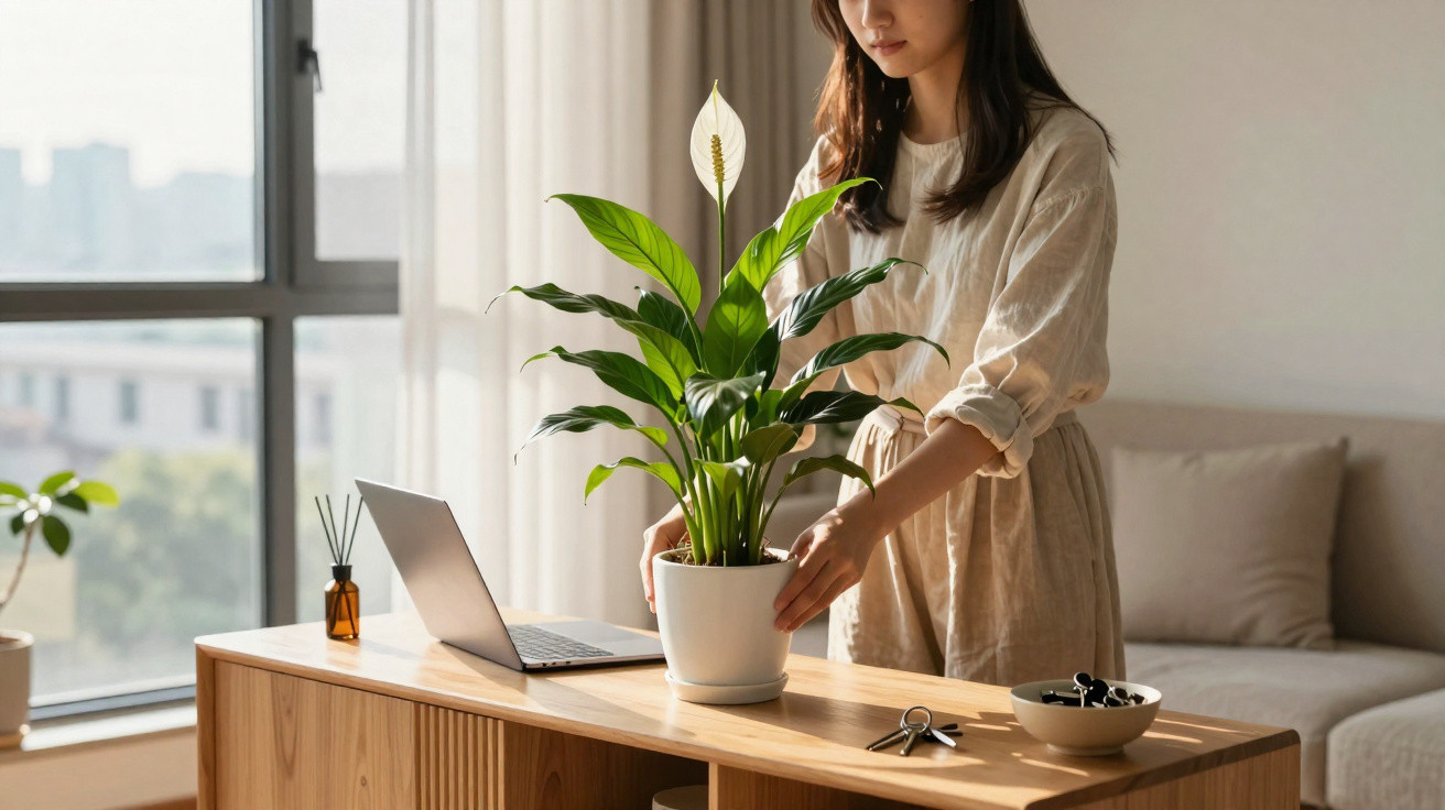 Woman in beige dress arranging a potted peace lily on a wooden table beside a laptop in a sunlit room.