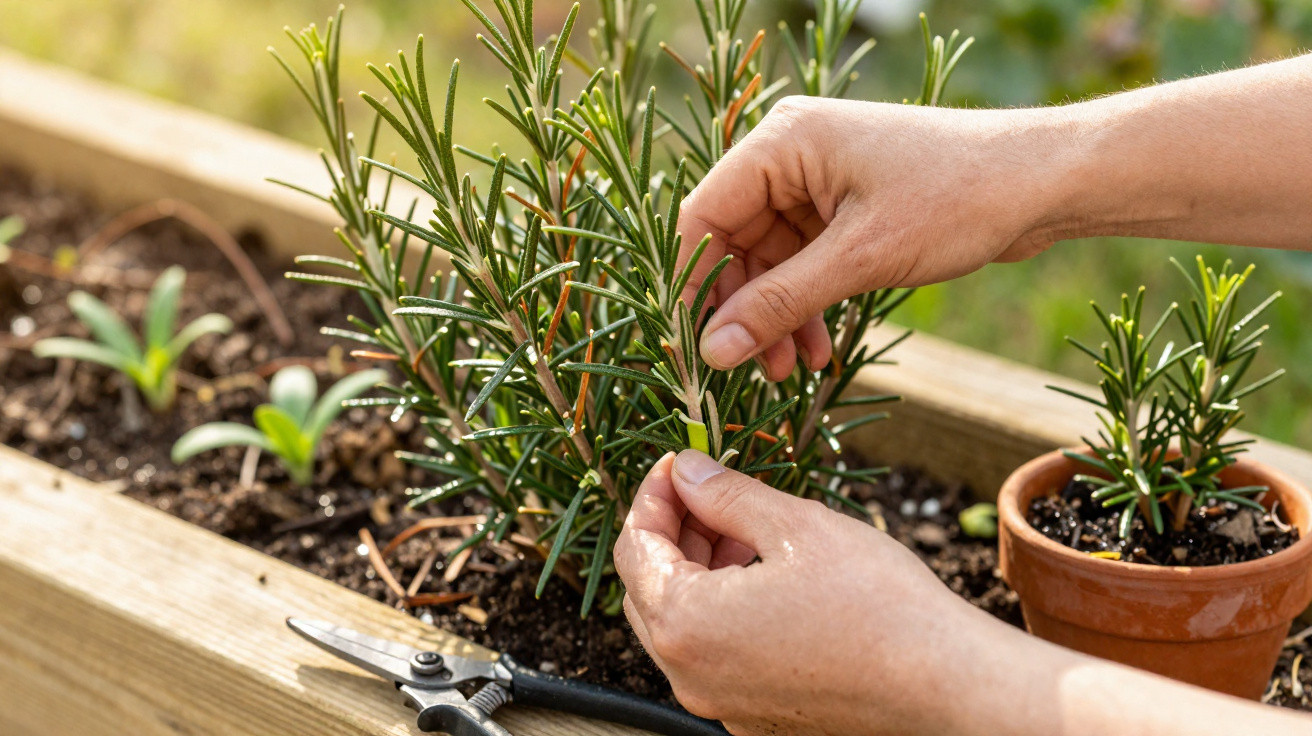 Hands harvesting fresh rosemary from a garden bed with pruning shears and a potted rosemary plant nearby.