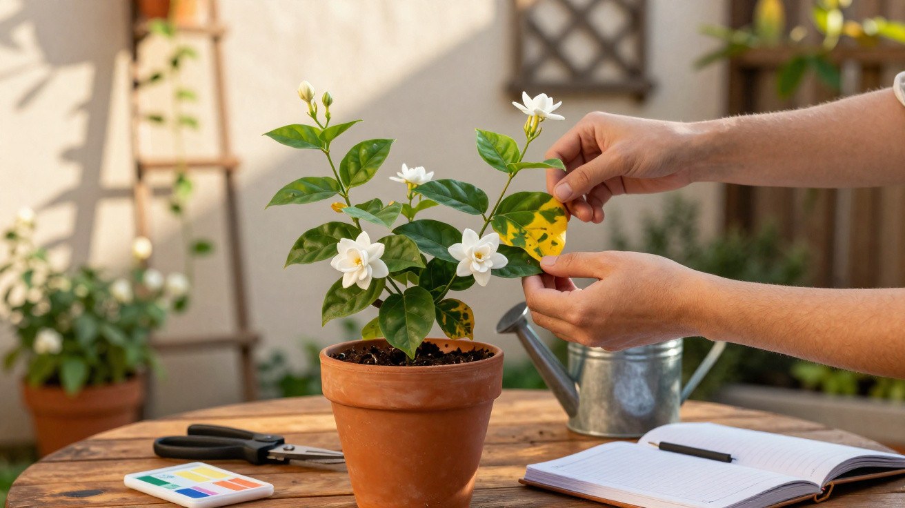 Hands pruning a potted jasmine plant with white flowers on a garden table with gardening tools nearby.