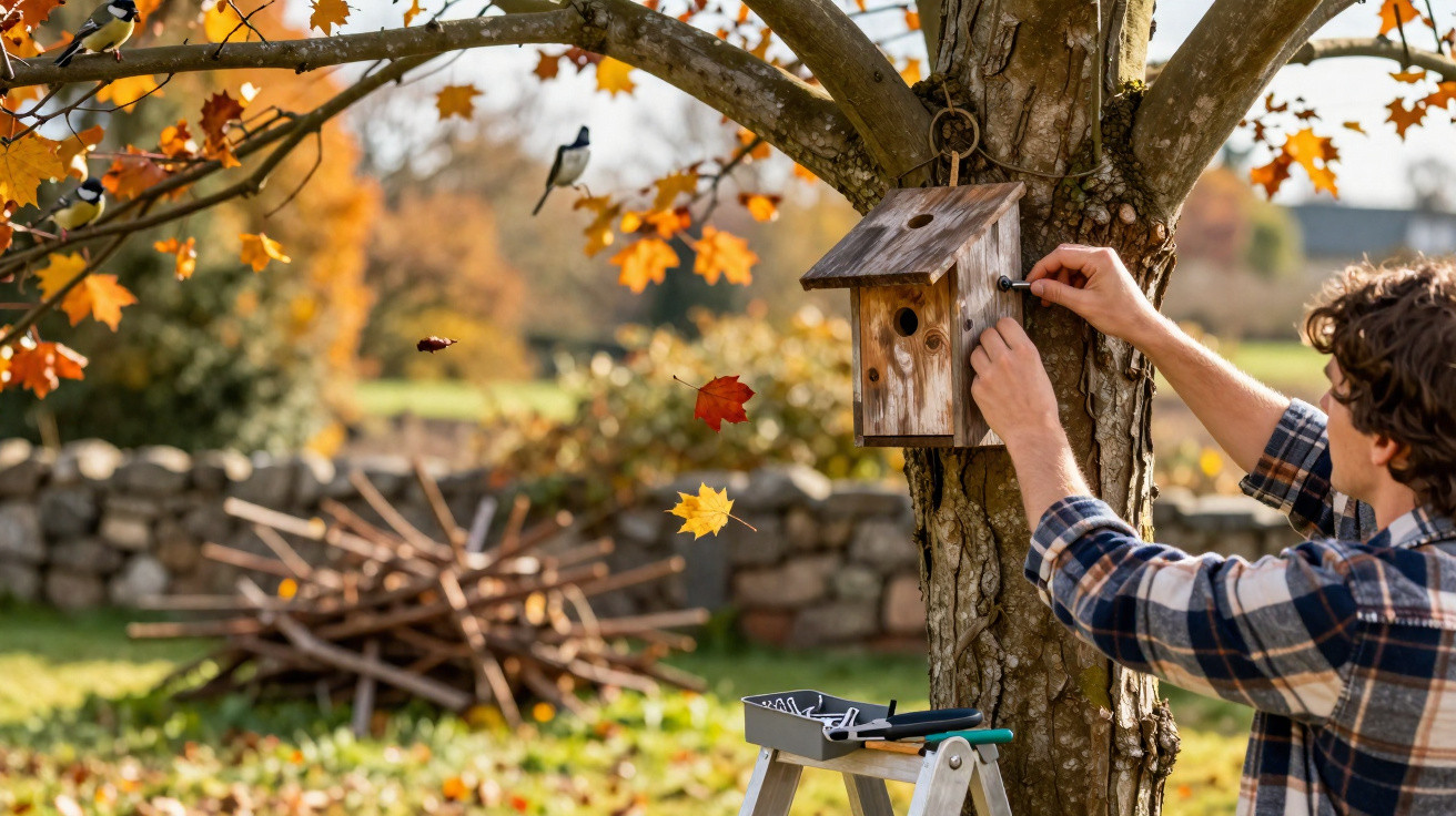 Man fixing a wooden birdhouse on a tree in autumn with birds and falling leaves around.