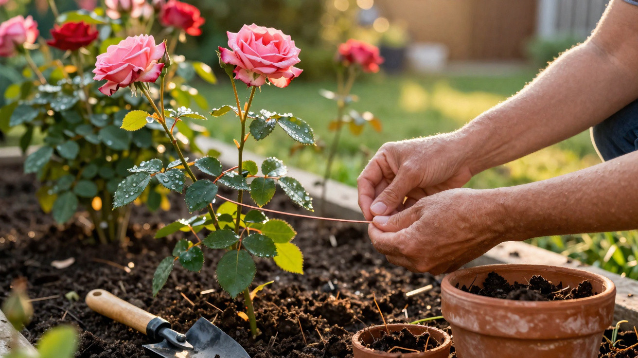 Hands tying a stem of a pink rose plant in a garden bed, with gardening pots and a trowel nearby.