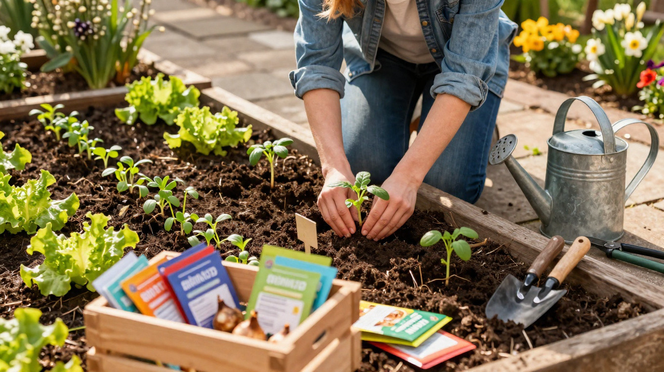 Person planting seedlings in a raised garden bed with gardening tools and seed packets nearby.