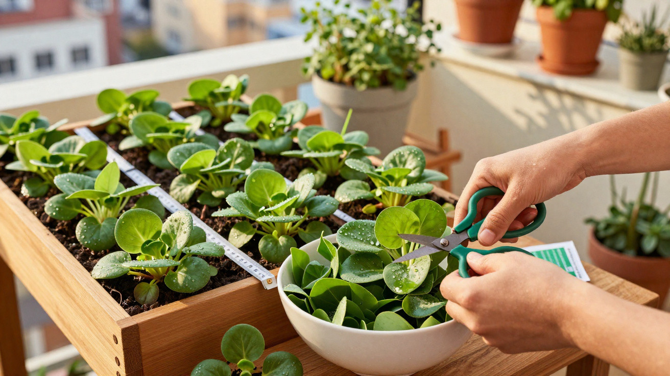 Hands harvesting green round-leafed microgreens with scissors from a wooden planter box on a balcony.