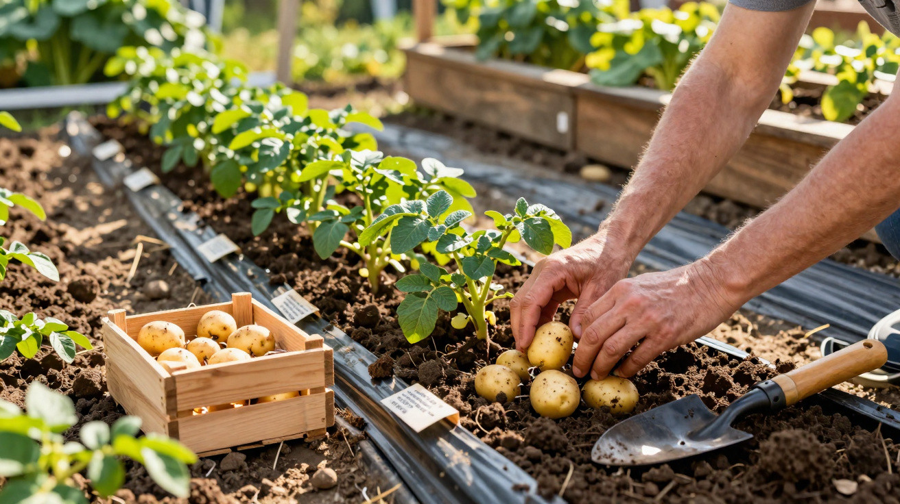 Hands harvesting potatoes from soil in a garden bed with a wooden crate and gardening trowel nearby.
