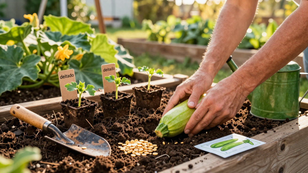 Person planting a young zucchini in a raised garden bed with seedlings, seeds, a trowel, and watering can nearby.