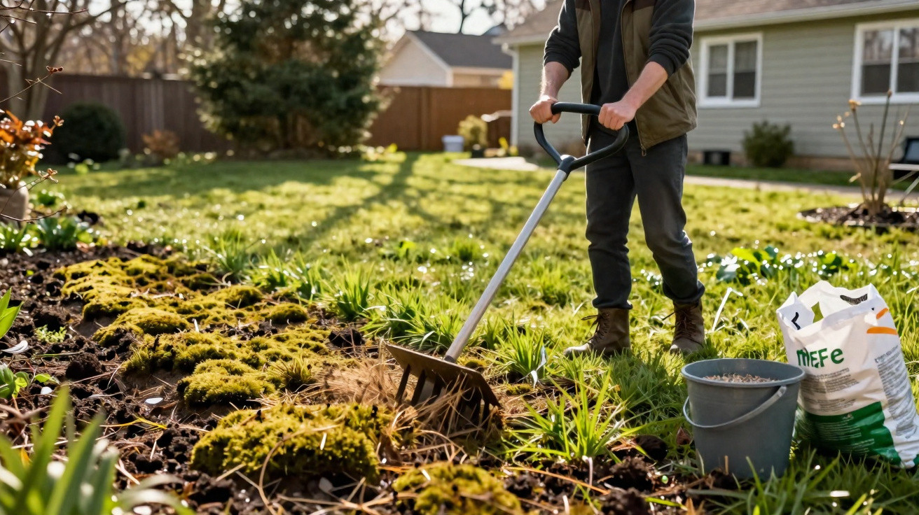 Person using a garden fork to cultivate soil in a sunny backyard garden near a bucket and fertilizer bag