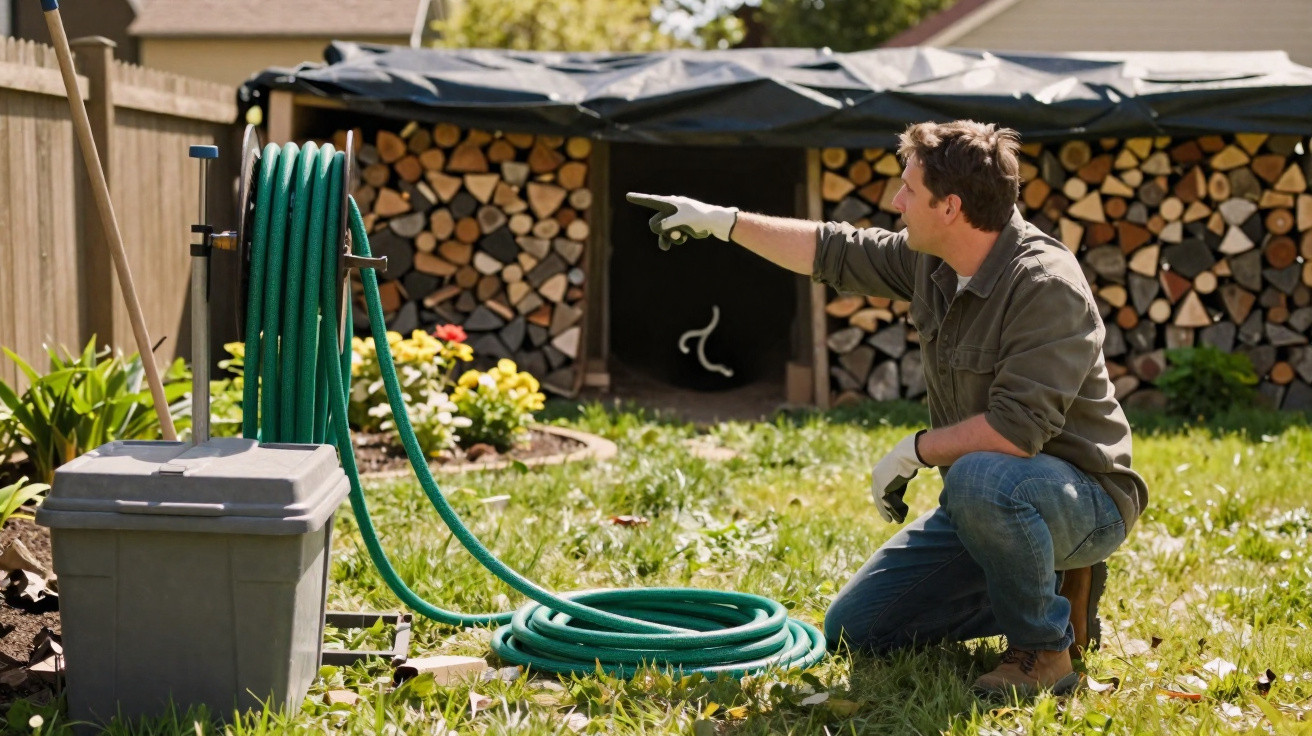 Man in gloves pointing while kneeling near a green garden hose on a reel in a sunlit backyard.
