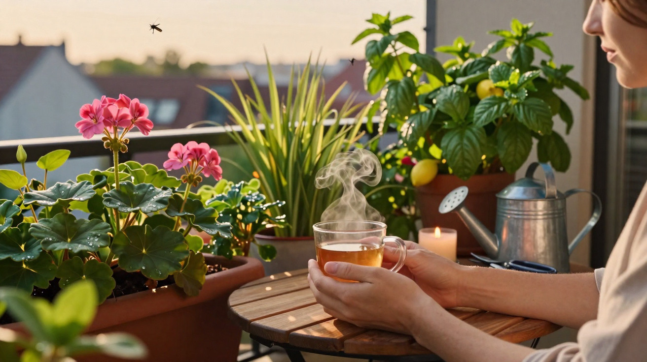 Person holding a steaming cup of tea on a balcony with flowering and lemon plants at sunset