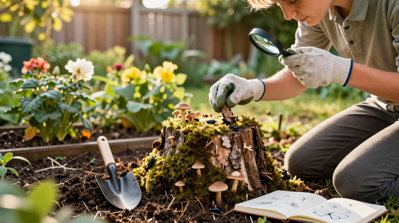 Child with gloves using a magnifying glass to examine fungi and moss on a tree stump in a garden.