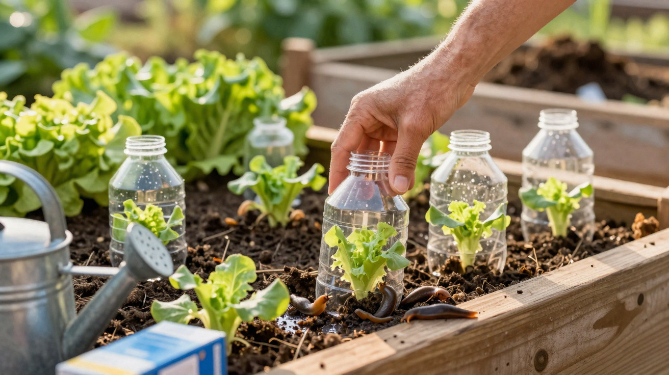 Hand placing a plastic bottle cloche over young lettuce plants in a raised garden bed outdoors.