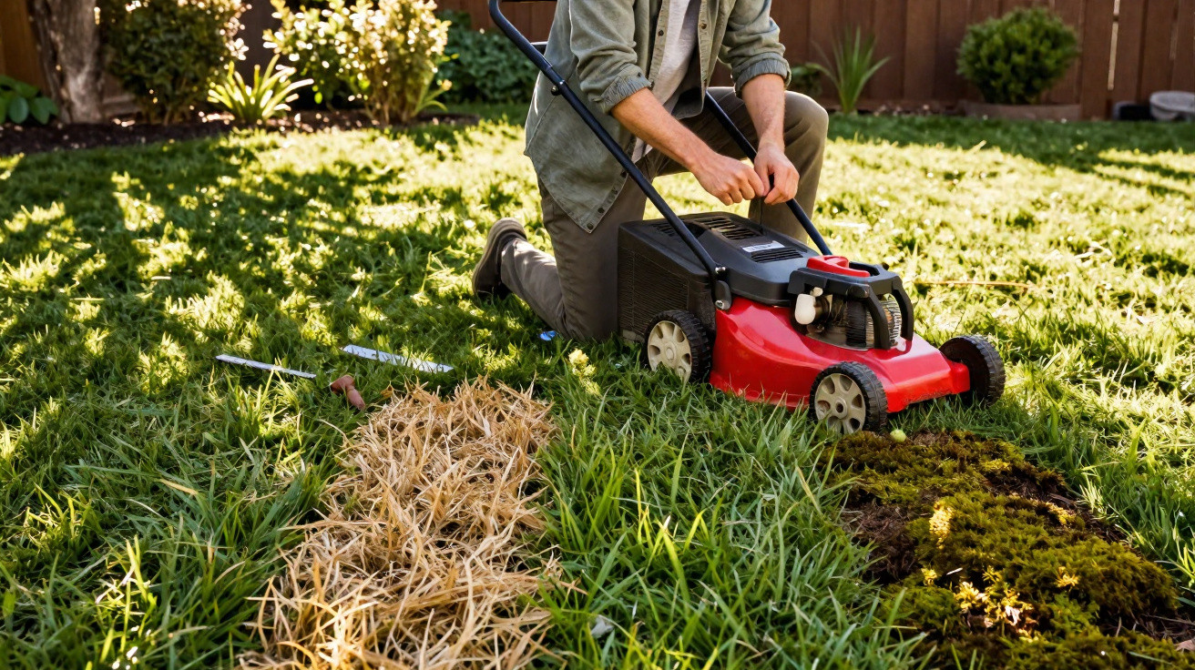 Person kneeling on grass starting a red lawn mower in a garden with patchy grass and plants.