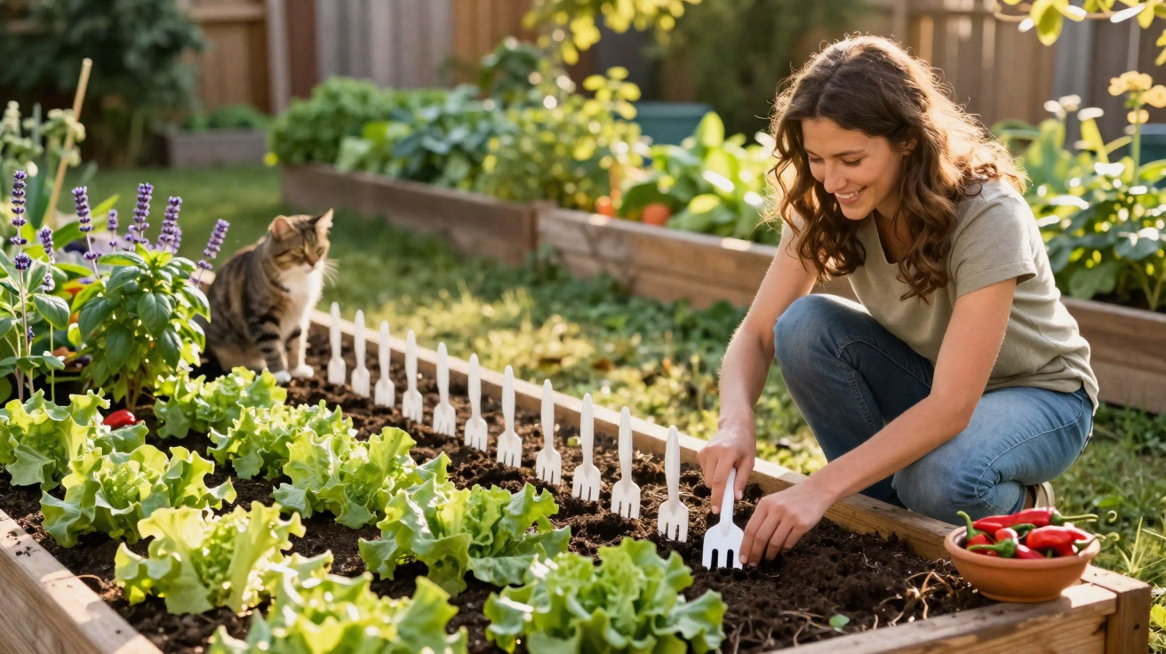 Woman gardening in raised bed with small garden forks and a cat nearby in sunny backyard.