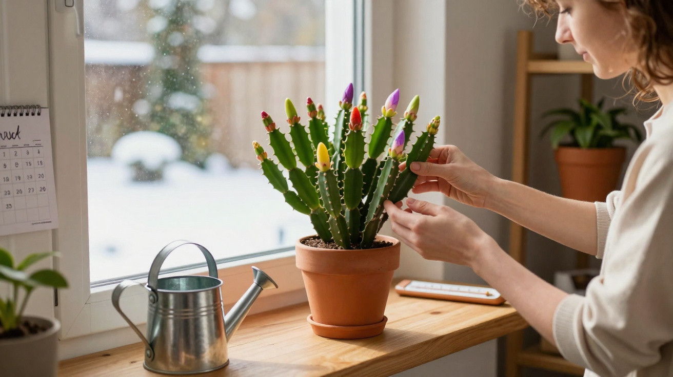 Person tending to a potted cactus with colourful buds on a wooden windowsill beside a metal watering can.