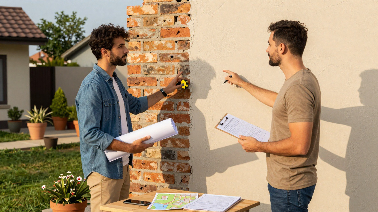 Two men discussing measurements by a brick wall with plans and documents on a wooden table outdoors.
