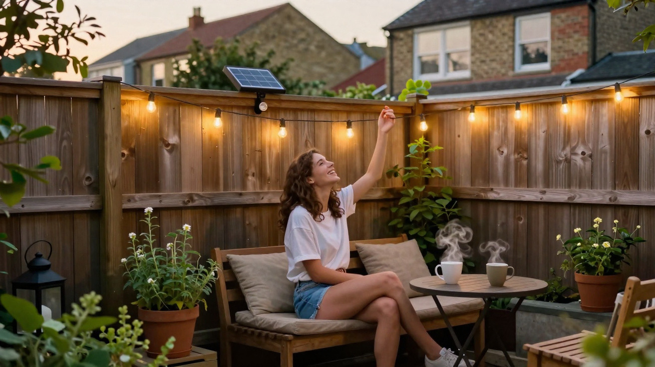 Woman sitting on a garden bench at dusk, adjusting string lights with steaming mugs on a table nearby.