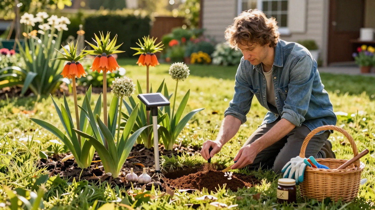Man planting seeds in a sunny garden bed with flowers and gardening tools beside him