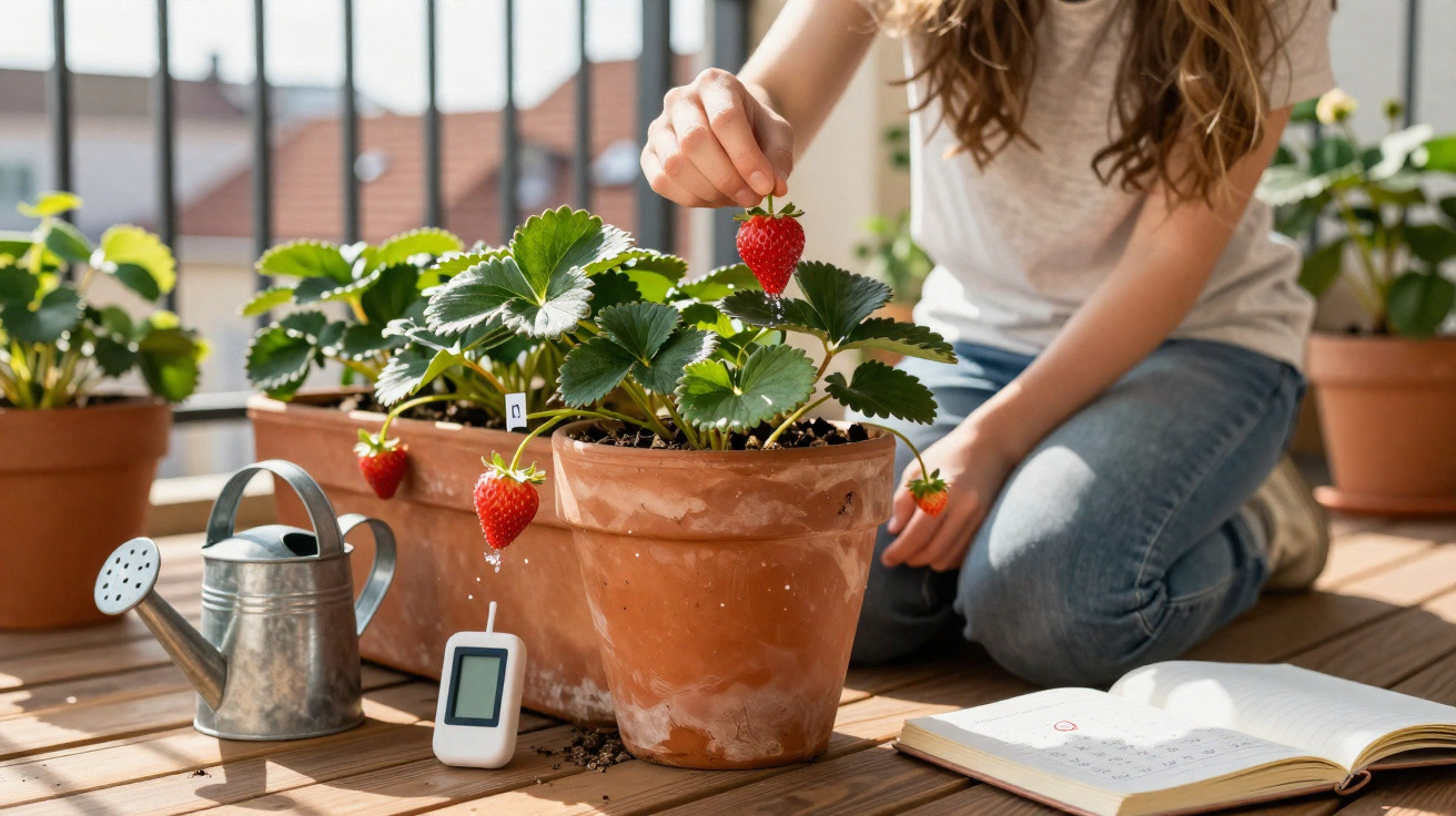 Person harvesting ripe strawberries from a potted plant on a sunny balcony with gardening tools nearby.