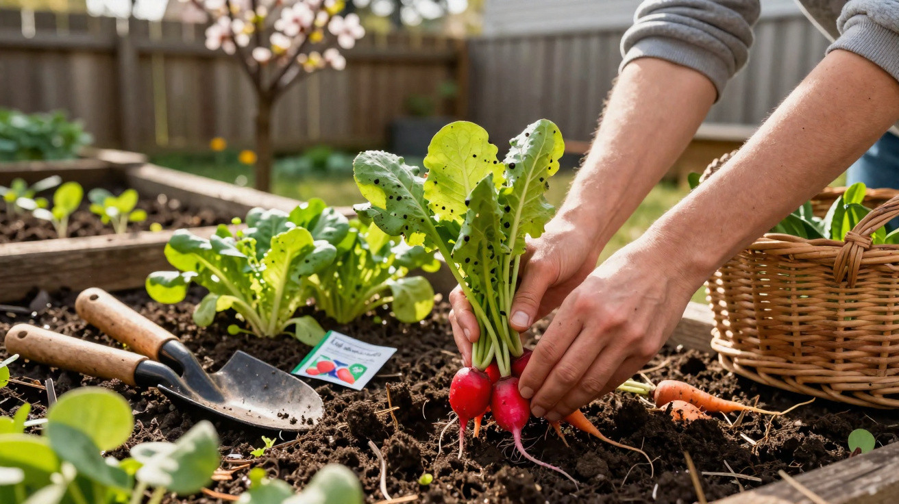 Hands harvesting fresh radishes in a garden bed with gardening tools and a wicker basket nearby.