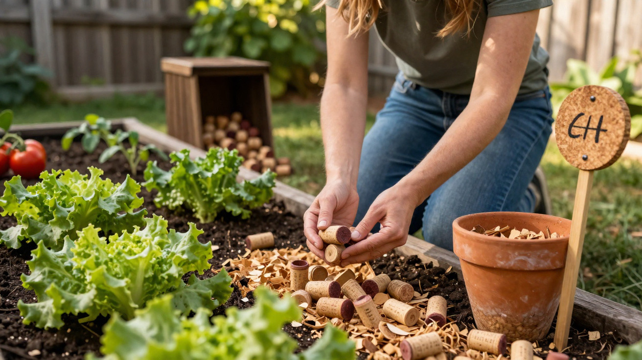 Person planting wine corks in a garden bed beside growing lettuce and a terracotta plant pot.